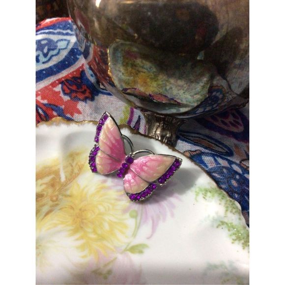 Vintage Enamel Butterfly Brooch Pin With Rhinestones Pink & Purple - Picture 8 of 12